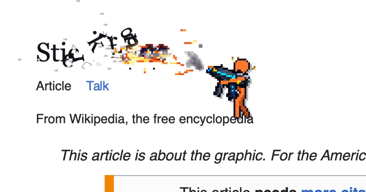 The stickman shooting the title of Wikipedia's Stick figure article to pieces